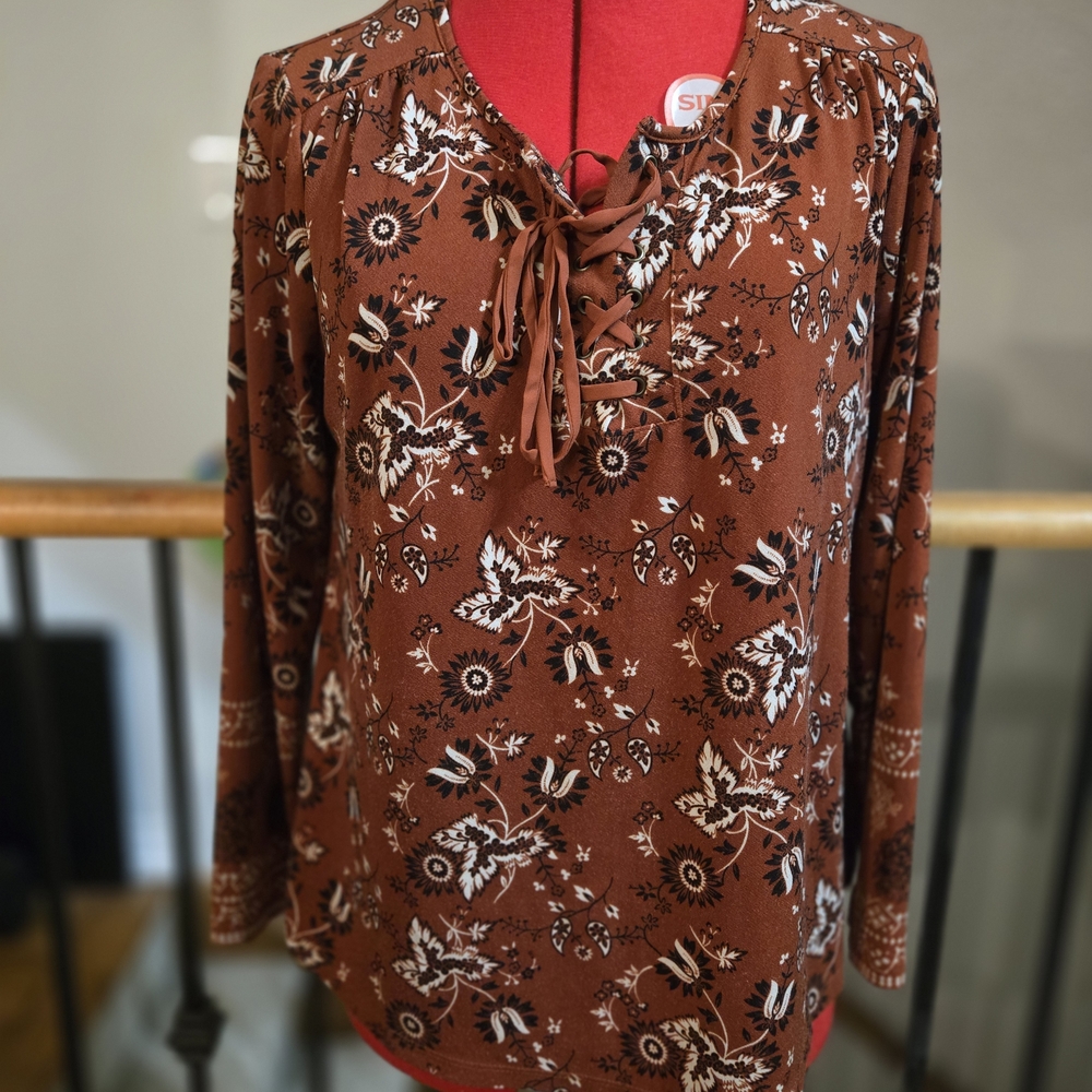 Style & Co. Brown Floral Lace-Up Blouse